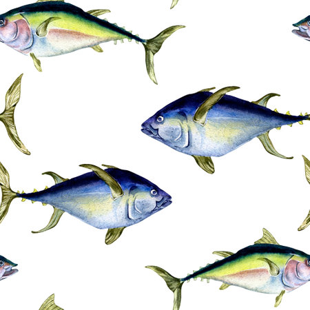 Various wild sea fish seamless pattern watercolor illustration isolated on white.の写真素材