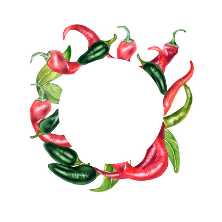 Frame of various hot peppers watercolor illustration isolated on white.の写真素材
