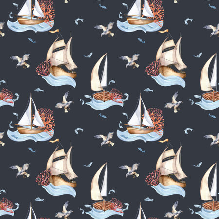 Seamless pattern of sailing ship vintage style watercolor illustration isolated on black. Sailboat, vessel on waves, coral, fish hand drawn. Childish design element, wallpaper, printed productsの写真素材