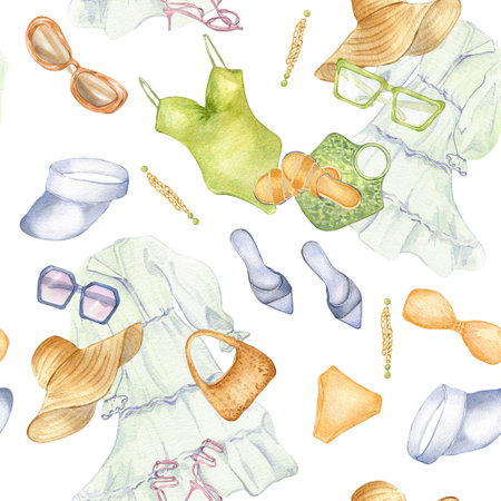 Womans beach outfit seamless pattern isolated on white. Summer collection of dress, swimsuits, sunglasses watercolor hand drawn. Design for shop, sale, textile, packaging, showcase, summer printの写真素材