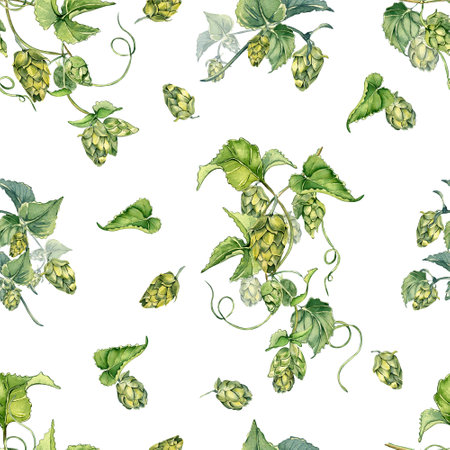 Hop vine, plant humulus watercolor seamless pattern isolated on white background. Hop on brunch with leaves, hop cones hand drawn. Design element for wrapping, label, packaging, paper, textileの写真素材