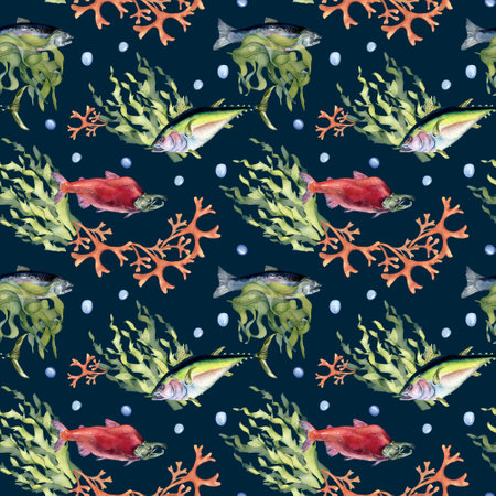Various wild sea fish seamless pattern watercolor illustration isolated on black. Seaweeds, tuna, salmon, coho, sea plants hand drawn. Design element for textile, packaging, paper, wrapping, bannerの写真素材