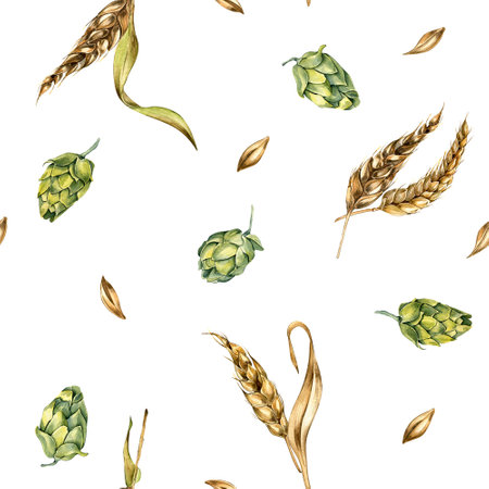 Wheat ear, hop watercolor seamless pattern isolated on white background. Spikelet of rye, humulus plant, hop cones hand drawn. Design element for brewing, wrapping, label, packaging, paper, textileの写真素材