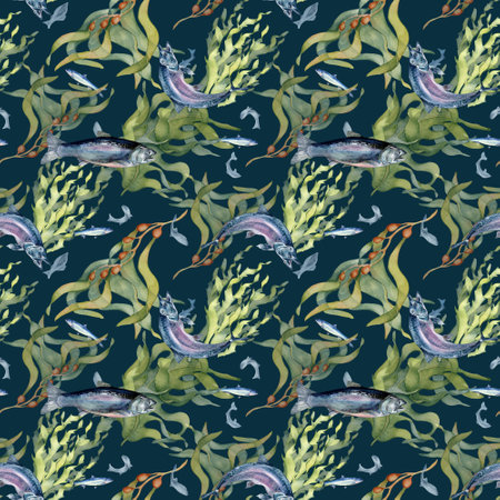 Seamless pattern of salmon and sea plants watercolor isolated on black. Wild fish, seaweed, laminaria hand drawn. Design element for textile, packaging, paper, wrapping, background, fish marketの写真素材