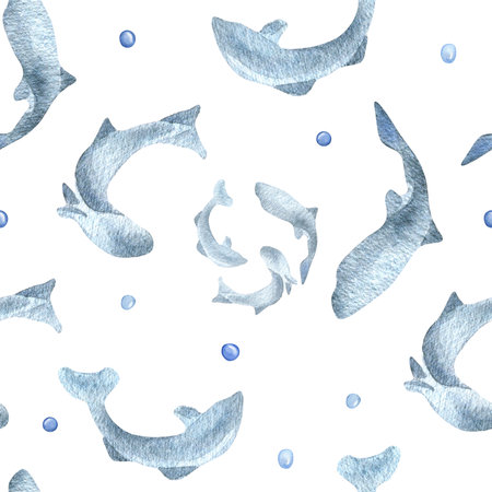 Fish silhouettes salmon, trout watercolor seamless pattern isolated on white background. Swimming wild blue fish hand drawn. Design element for package, label, textile, wrapping, backgroundの写真素材