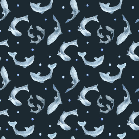 Fish silhouettes salmon, trout watercolor seamless pattern isolated on black background. Swimming wild blue fish hand drawn. Design element for package, label, textile, wrapping, background, printの写真素材