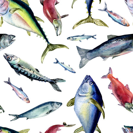 Various sea fishes seamless pattern watercolor illustration isolated on white. Wild fish, tuna, salmon, herring, anchovy hand drawn. Design element for textile, packaging, paper, wrapping, backgroundの写真素材