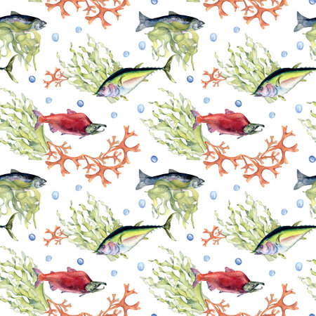 Various wild sea fish seamless pattern watercolor illustration isolated on white. Seaweeds, tuna, salmon, coho, sea plants hand drawn. Design element for textile, packaging, paper, wrapping, bannerの写真素材