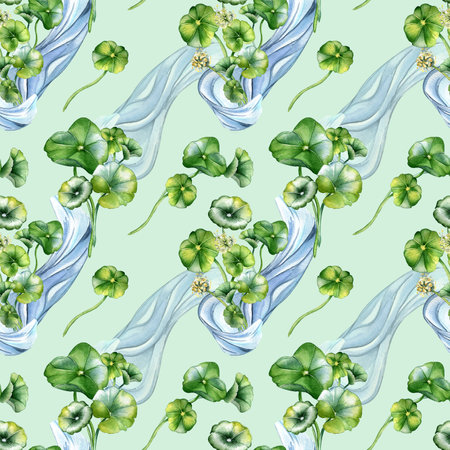 Centella asiatica herbal plants and wave watercolor seamless pattern isolated on blue. Pennywort, gotu kola water shape, geranium flower hand drawn. Design for package, textile, wrapping, backgroundの写真素材