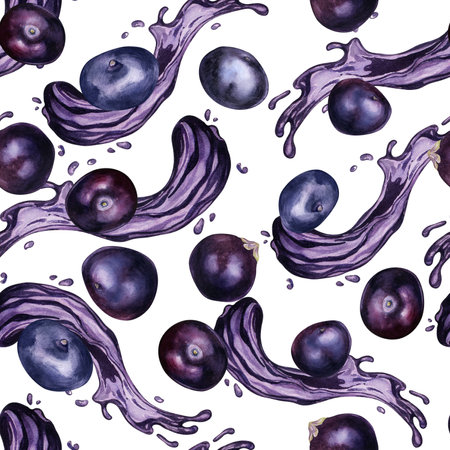 Acai berries on juice splash watercolor seamless pattern isolated on white. Exotic amazon small purple berries, tropical fruit hand drawn. Design element for wrapping, packaging, textile, backgroundの写真素材