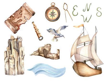 Set of sailing ship, rocks vintage style watercolor illustration isolated on white. Bird, map, boat, water wave, compass hand drawn. Childish design, element for boys print, sea adventure collectionの写真素材