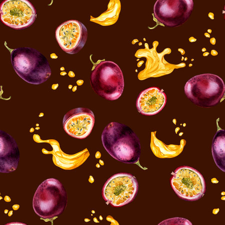 Tropical fruits and juice splash watercolor seamless pattern isolated on dark. Piece and whole of maracuya hand drawn. Design for packaging, wrapping, textile, background, paper, tablewareの写真素材