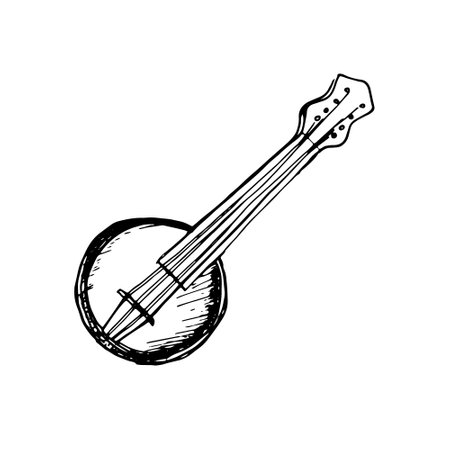 Banjo classical musical instrument vector illustration isolated. Symphony orchestra stringed Irish instrument ink hand drawn. Element black white for design wrapping, postcard, brochure, invitationのイラスト素材