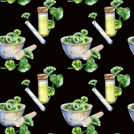 Centella asiatica, essential oils, stone bowl watercolor seamless pattern isolated on black. Mortar, glass flask, test tube, gotu kola hand drawn. Design for package, label, wrapping, backgroundの写真素材