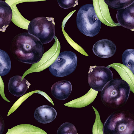 Acai berries and palm leaves watercolor seamless pattern isolated on dark. Exotic amazon small purple berries, tropical fruit hand drawn. Design for packaging, textile, wrapping, background, paperの写真素材