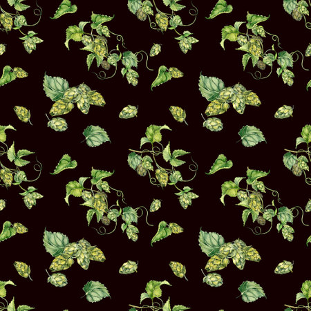 Hop vine, plant humulus watercolor seamless pattern isolated on black background. Hop on brunch with leaves, hop cones hand drawn. Design element for wrapping, label, packaging, paper, textileの写真素材