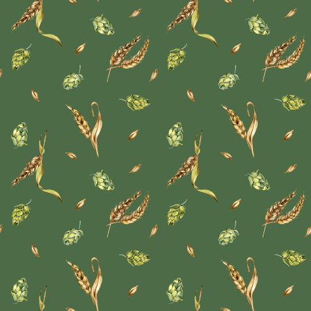 Wheat ear, hop watercolor seamless pattern isolated on green background. Spikelet of rye, humulus plant, hop cones hand drawn. Design element for brewing, wrapping, label, packaging, paper, textileの写真素材