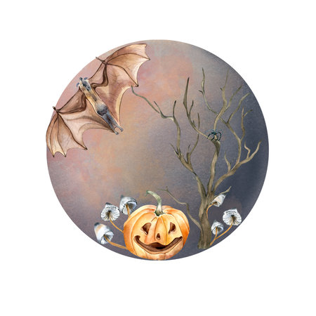 Halloween composition with moon, bat, pumpkin watercolor illustration isolated on white. Bare tree, mushrooms hand drawn. Design element for card, print, Halloween posterの写真素材