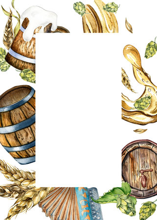 Vertical frame of watercolor beer fest. Wooden barrel, pint of beer, German hat, accordion illustration isolated on white. Pretzel, trumpet, hops hand drawn. Design for beer festival, Oktoberfestの写真素材