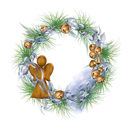 Frame of pine tree branches and angel, bells digital illustration. Fir branches in the form of a circular frame. Wreath of Christmas ornaments isolated on white. Element for design invitation, cardの写真素材