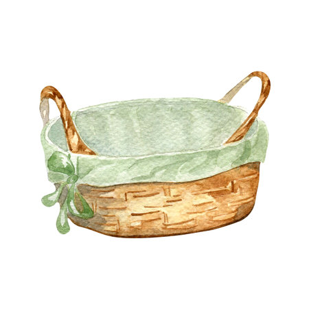 Empty wooden fruit or bread basket watercolor illustration isolated on white background. Hand drawn straw basket with cotton napkin. Design element for market, ingredients of dishes, label, packageの写真素材