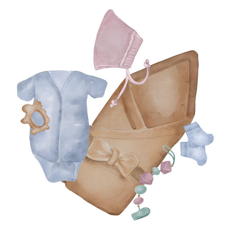 Watercolor illustration with baby supplies isolated on white background. Hand drawn swaddle blanket and bodysuit . Baby clothing in pastel shades. Element for card, tags, invitation, printing, posterの写真素材