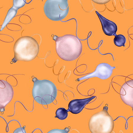 Christmas seamless pattern with Christmas ornaments, ball digital illustration isolated on orange. Holiday symbol, serpentine hand drawn. Element for new year design wrapping, textile, backgroundの写真素材