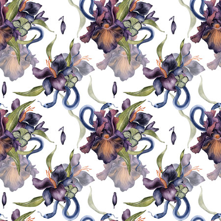 Seamless pattern with watercolor dark iris flower and snake isolated on white. Gothic floral print hand drawn. Dark botanical decoration for package. Element for design textile, wallpaper, wrappingの写真素材
