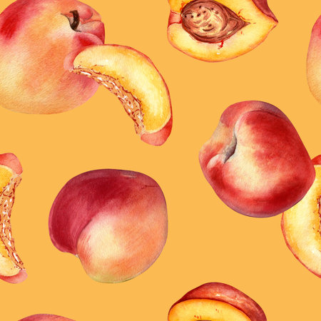 Watercolor seamless pattern with nectarines and peaches isolated on background. Whole ripe and half fruits. Apricot hand drawn. Design element for package, textile, wrapping paper, fabricの写真素材