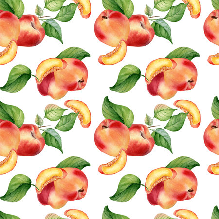 Fresh nectarines whole and half watercolor seamless pattern isolated on white background. Ripe fruits peach and leaves. Apricot hand drawn. Design element for package, textile, wrapping paper, fabricの写真素材