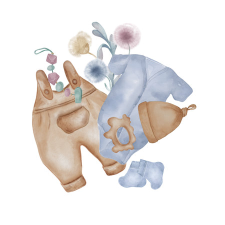 Illustration with baby clothes, beanbag and abstract plants isolated on white background. Hand drawn baby bodysuit and romper. Baby toy in pastel shades. Elements for birthday card or newborn partyの写真素材