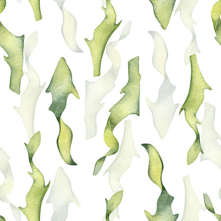 Watercolor seamless pattern of colorful laminaria illustration isolated on white. Kelp, seaweeds hand drawn. Painted algae. Design for background, textile, packaging, wrapping, marine collectionの写真素材