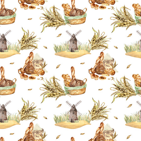 Seamless pattern with wheat ears and bread watercolor illustration isolated on white background. Rural making bread mill hand drawn. Painted spikelet of wheat. Design for package, wrapping paperの写真素材