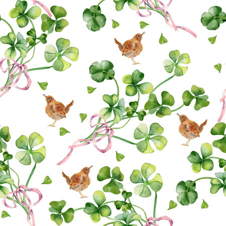 Shamrock watercolor seamless pattern isolated on white background. Hand painted green four leaves. Hand drawn bird and clover Irish symbol. Design element for St.Patricks day banner, spring textileの写真素材