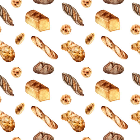 Variety bread watercolor seamless pattern isolated on white. Hand drawn rye bread, loaf for bakery. Painted pitta, ciabatta. Illustration of baguette. Element for design bakeshop, package, tradeの写真素材