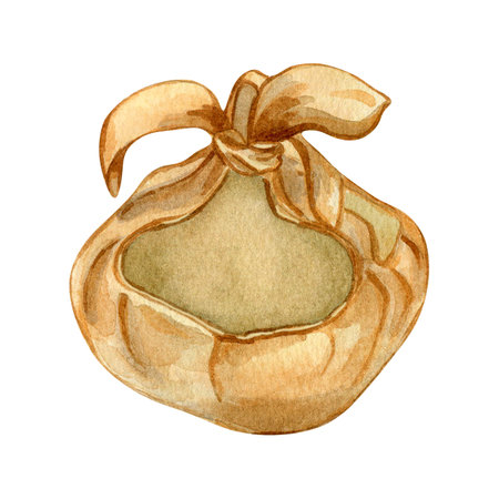 Empty bundle of fabric for Easter egg watercolor illustration isolated on white. Painted rustic bundle. Hand drawn grocery straw basket. Design element for Easter, rustic decoration, for eggsの写真素材