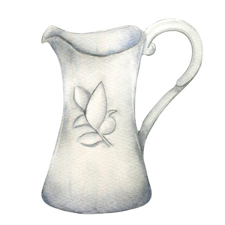 White province jug watercolor illustration isolated on white. Hand drawn old rusty pitcher. Artistic jar painted. Element for design Easter greeting cards, garden decoration and other design projectsの写真素材