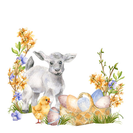 Easter floral watercolor illustration with pets and eggs in basket isolated on white. Farm landscape with spring yellow and blue flowers hand painted for Easter design in neutral color. Rural viewの写真素材
