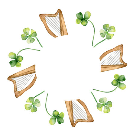 Circle frame with shamrock and harp watercolor illustration isolated on white background. Painted green four leaves clover. Hand drawn Celtic symbol. Design for St. Patrick day card, packagingの写真素材