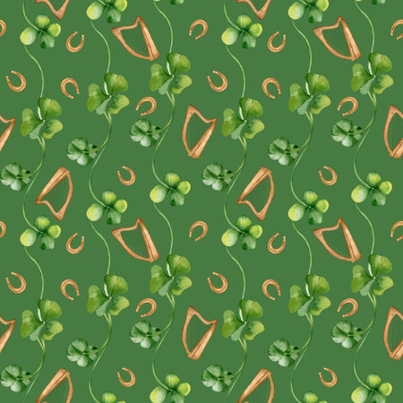 Shamrock and horseshoes watercolor seamless pattern isolated on dark background. Painted clover and harp. Hand drawn Celtic symbol. Design for St. Patrick day decoration, textile, wrapping, paperの写真素材