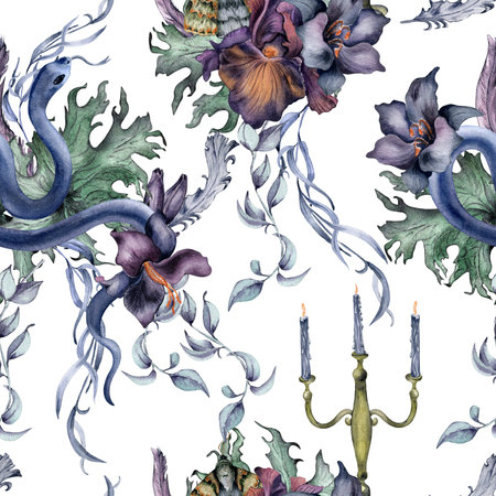 Gothic floral seamless pattern with snake isolated on white. Flower purple iris and black lily watercolor. Botanical art decoration for black wedding, mystical party. For invitation, Valentine cardの写真素材