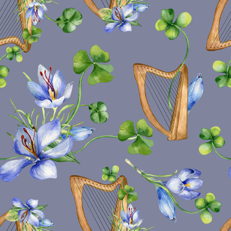 Harp and spring flowers watercolor seamless pattern isolated on blue. Painted green clover with crocus and string musical instrument. Irish symbol hand drawn. Design for St. Patricks day, paperの写真素材
