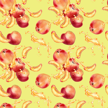 Watercolor seamless pattern with peaches and juice splash isolated on yellow background. Whole ripe and half fruits. Apricot hand drawn. Design element for package, textile, wrapping paper, fabricの写真素材
