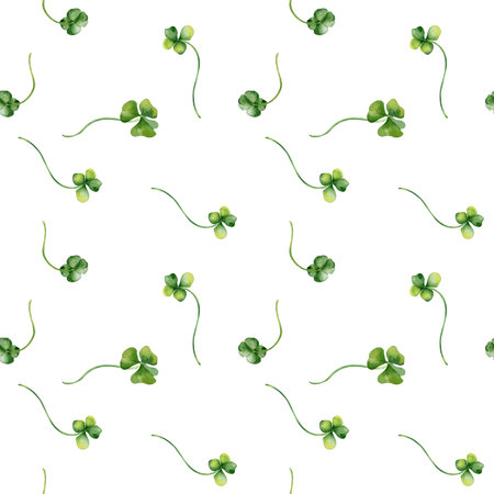 Shamrock and clover watercolor seamless pattern isolated on white background. Painted green four leaves. Hand drawn Celtic symbol. Design for St. Patrick day decoration, textile, wrapping, paperの写真素材