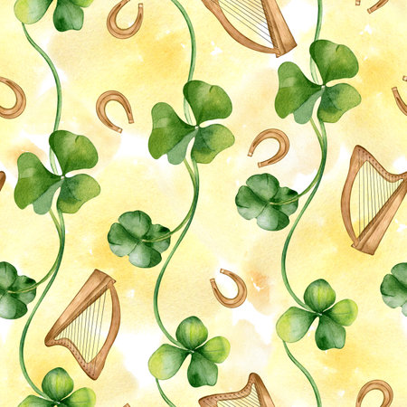 Shamrock and horseshoes seamless pattern on orange watercolor backdrop. Painted clover and harp. Hand drawn Celtic symbol. Design for St. Patrick day decoration, textile, wrapping, paperの写真素材