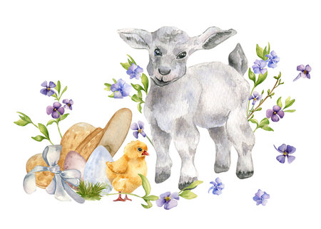 Easter floral watercolor illustration with lamb and eggs isolated on white. Farm landscape with spring blue flowers and chick hand drawn for Easter card in neutral color. Rural view with farm petsの写真素材