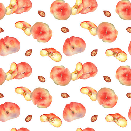 Watercolor seamless pattern with fig peaches and slice isolated on white background. Whole ripe and...