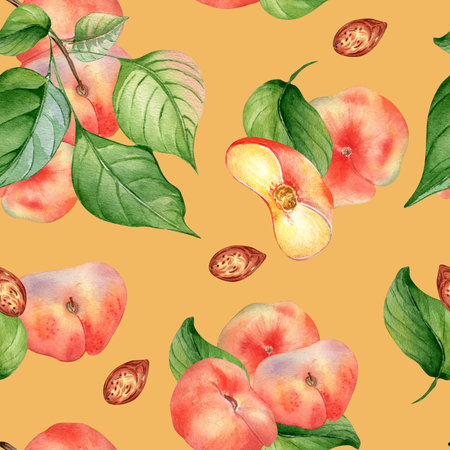 Chines fig peaches and leaves watercolor seamless pattern isolated on peach background. Whole ripe fruits painting. Flat peach on branch hand drawn. Design element for package, textile, cosmeticの写真素材