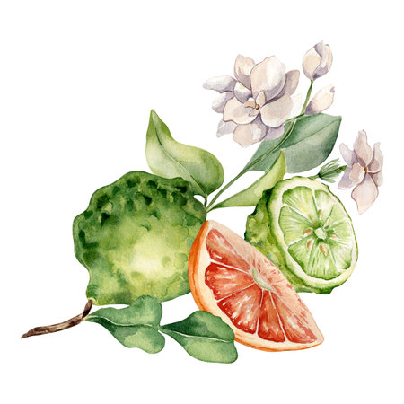 Citrus fruits and jasmine branch watercolor illustration isolated on white. Bergamot hand drawn. Fresh summer composition with sliced citrus ripe drawing. Design for packaging, label aroma productの写真素材