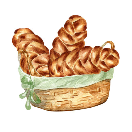 Challah bread in a straw basket watercolor illustration isolated on white background.Tradition...